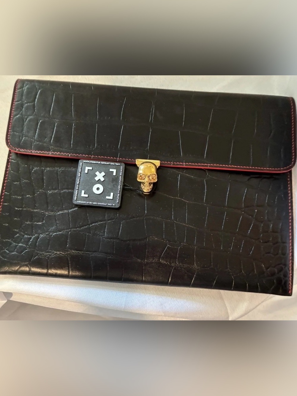 Alexander McQueen Black Croc-Embossed Leather Envelope Clutch with COA